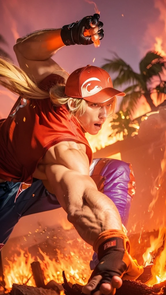 fire, explosion, sunset, flame, muscular, burning, palm tree, torch, orange sky, blonde hair, gloves, ponytail, pyrokinesis, molten rock, breathing fire, fingerless gloves, embers, campfire, tree, hat, dougi, clenched hand, 1boy, evening, punching, male focus, clenched hands, manly, long hair, fireplace, baseball cap, gradient sky, abs, twilight, firing, red sky, leaf, biceps, open mouth, fighting stance, dusk, flaming weapon