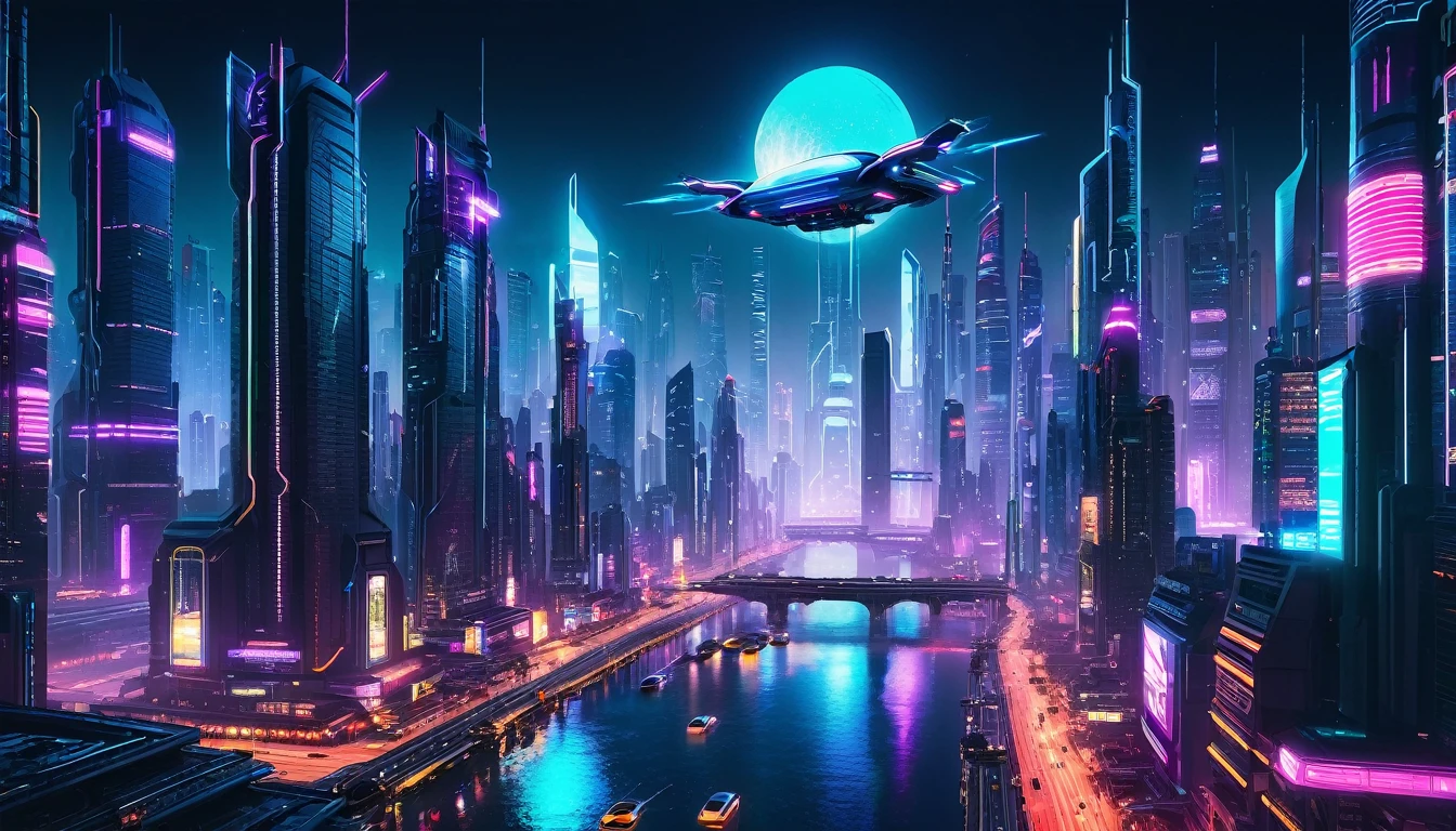 “Futuristic megacity skyline at night, with neon lights, flying cars, and towering skyscrapers. Cyberpunk style.”