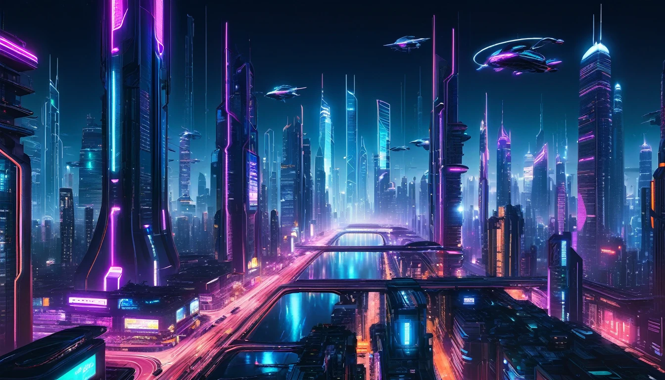 “Futuristic megacity skyline at night, with neon lights, flying cars, and towering skyscrapers. Cyberpunk style.”