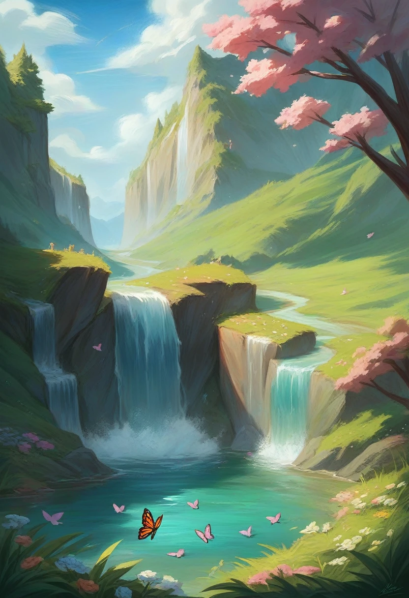 double exposure of a full body beautiful woman with flowers in her hair standing in front of the river, Mei Qing detail painting, fantasy art, Asian woman water element, beautiful fantasy portrait, goddess of nature, detailed picture, 8k high quality detailed art, 8k, very detailed painting digital, 8K HD detailed oil painting, 4K UHD beautiful art, waterfall background, grass and butterflies seem to be one with the body