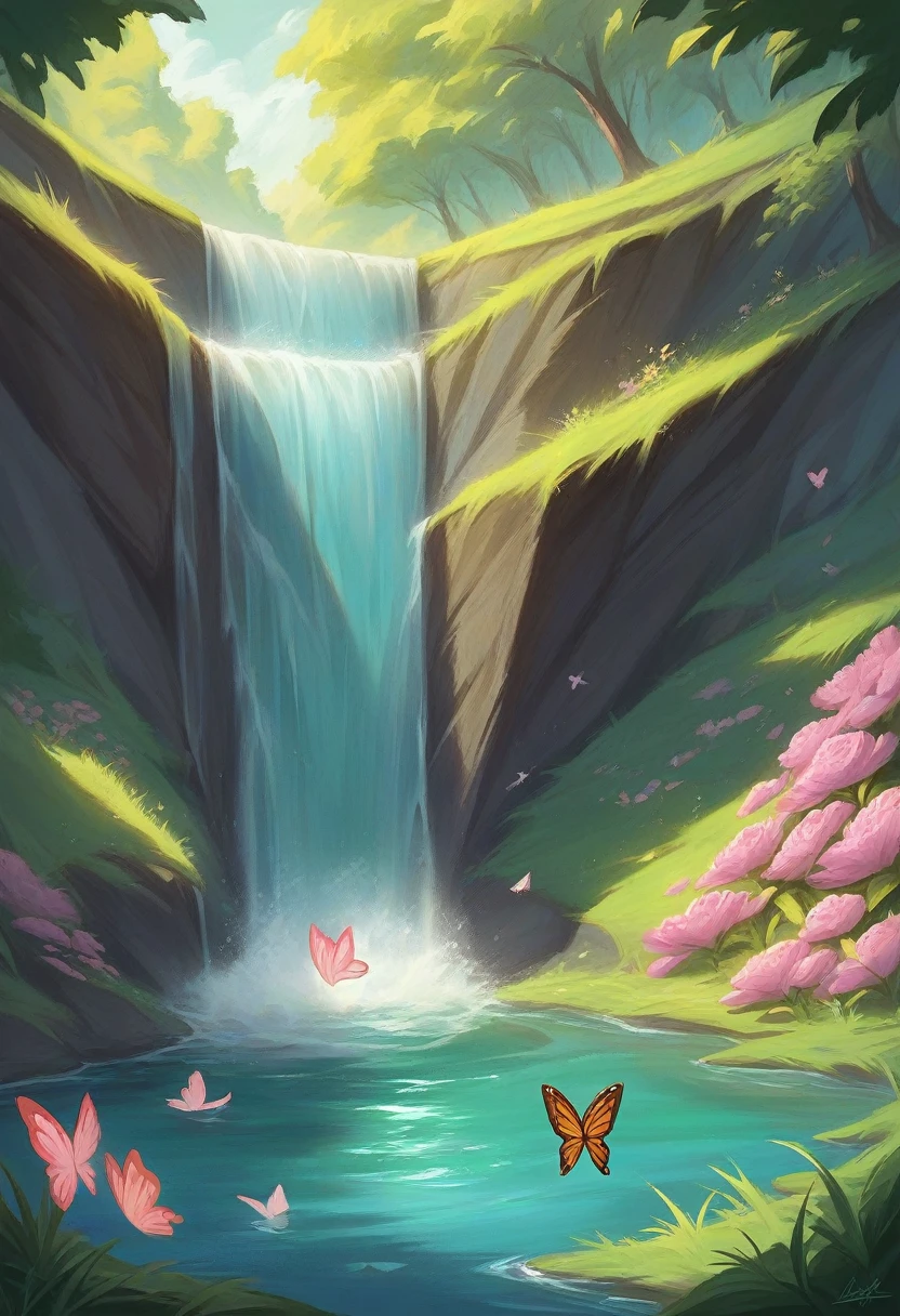 double exposure of a full body beautiful woman with flowers in her hair standing in front of the river, Mei Qing detail painting, fantasy art, Asian woman water element, beautiful fantasy portrait, goddess of nature, detailed picture, 8k high quality detailed art, 8k, very detailed painting digital, 8K HD detailed oil painting, 4K UHD beautiful art, waterfall background, grass and butterflies seem to be one with the body