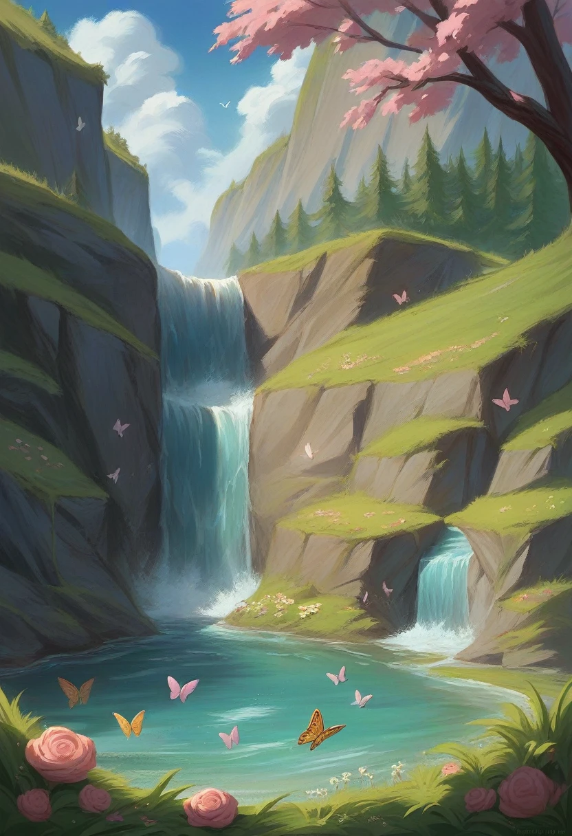 double exposure of a full body beautiful woman with flowers in her hair standing in front of the river, Mei Qing detail painting, fantasy art, Asian woman water element, beautiful fantasy portrait, goddess of nature, detailed picture, 8k high quality detailed art, 8k, very detailed painting digital, 8K HD detailed oil painting, 4K UHD beautiful art, waterfall background, grass and butterflies seem to be one with the body