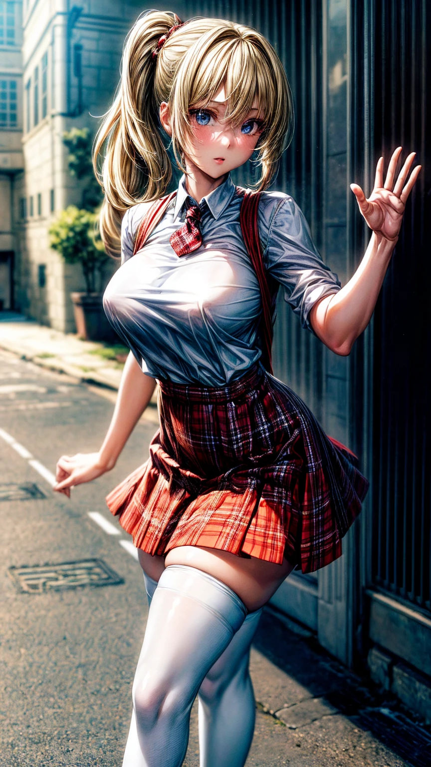 1girl,masterpiece,best quality,blonde hair,(ponytails),blue eyes,(white stockings),(red plaid skirt),short skirt,standing,in full length,medium breasts,white t shirt,in front of streets,extremely detailed,[[realistic]],beautiful alluring anime ,seductive anime girl,waving skirt