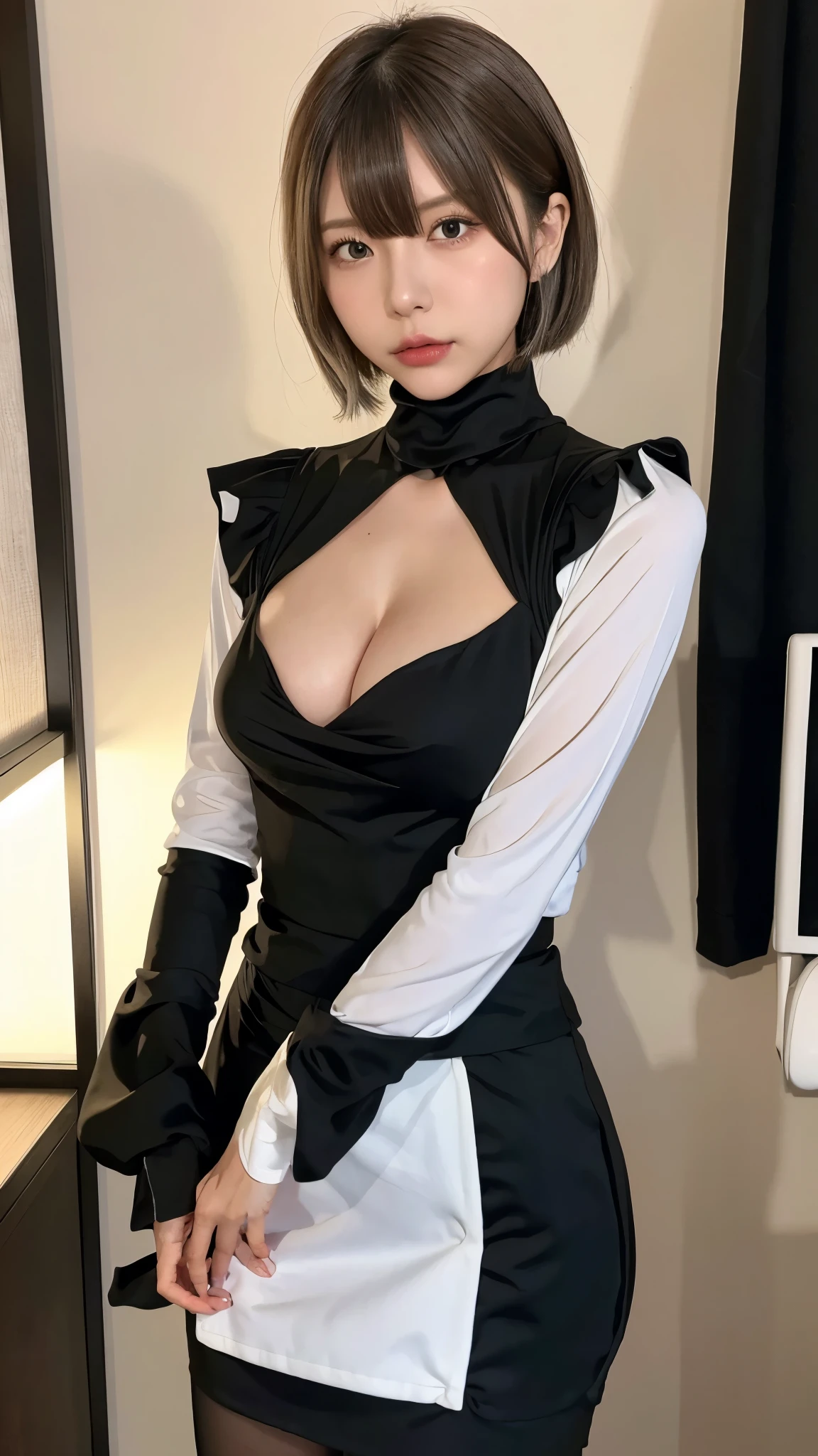 yorha no. 2 Type B, One girl, Wow, (Blindfold), chest, chestの谷間, chestの谷間 cutout, Clothing cutouts, Green background, Hair between the eyes, hair band, High resolution, Juliet Sleeve, Long sleeve, Nier (series), Nier automata, Puffy sleeves, Red lips, Shadowed face, short hair, alone, turtleneck, Upper Body, Gray Hair, null