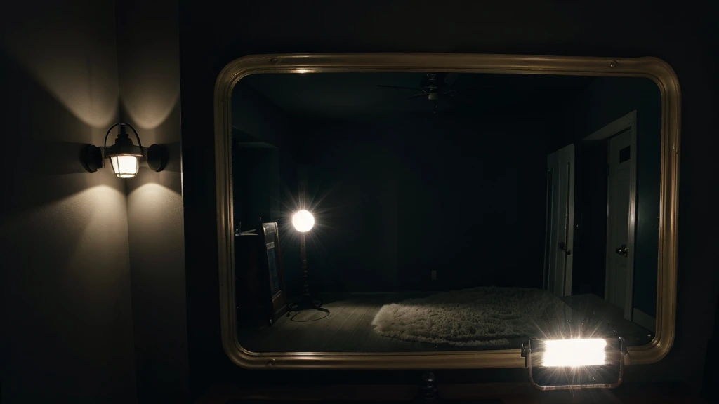 The beam hand flashlight landed on an old mirror leaning against the far wall in darkness