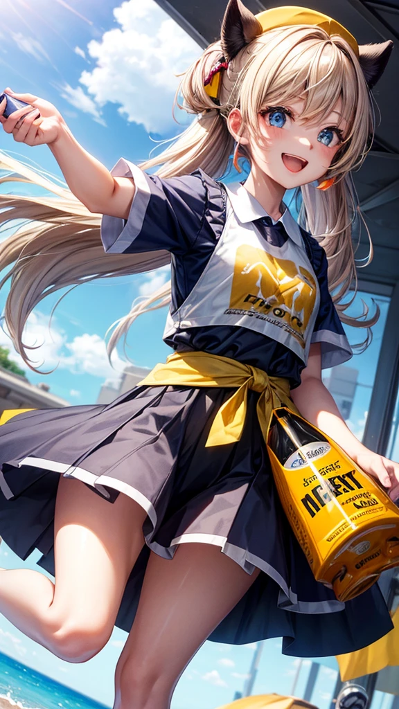 Holding an energy drink in one hand,、A cheerful older sister