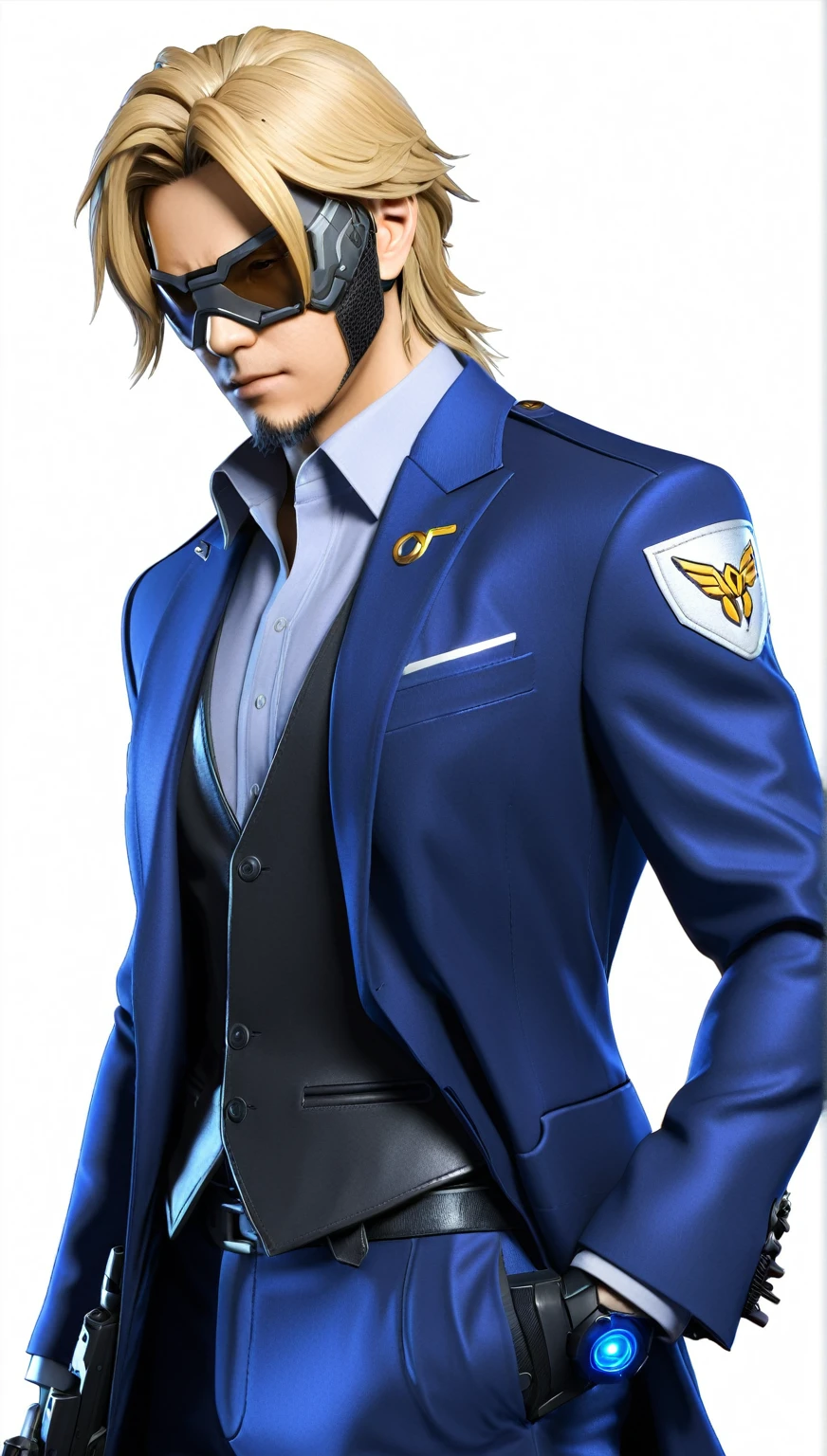 a close up of a person in a suit with a gun, as overwatch character, raiden metal gear, as a character in tekken, soldier 7 6 from overwatch, as an overwatch character, raiden from metal gear rising, jetstream sam from metal gear, profile shot, closeup shot, character from king of fighters, xqc, joe biden as a jojo character