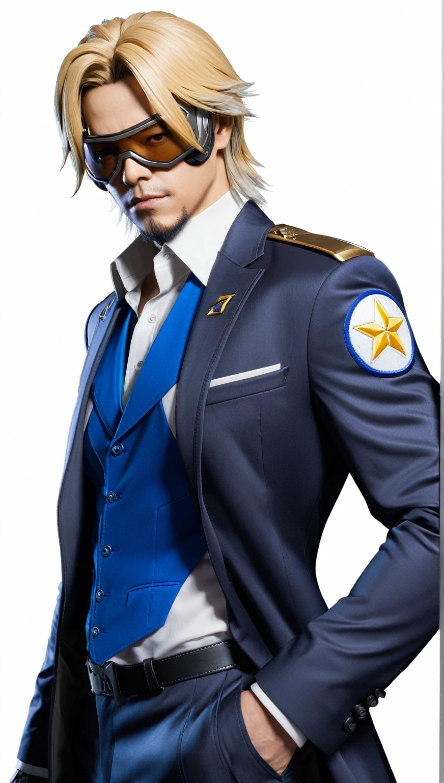 a close up of a person in a suit with a gun, as overwatch character, raiden metal gear, as a character in tekken, soldier 7 6 from overwatch, as an overwatch character, raiden from metal gear rising, jetstream sam from metal gear, profile shot, closeup shot, character from king of fighters, xqc, joe biden as a jojo character