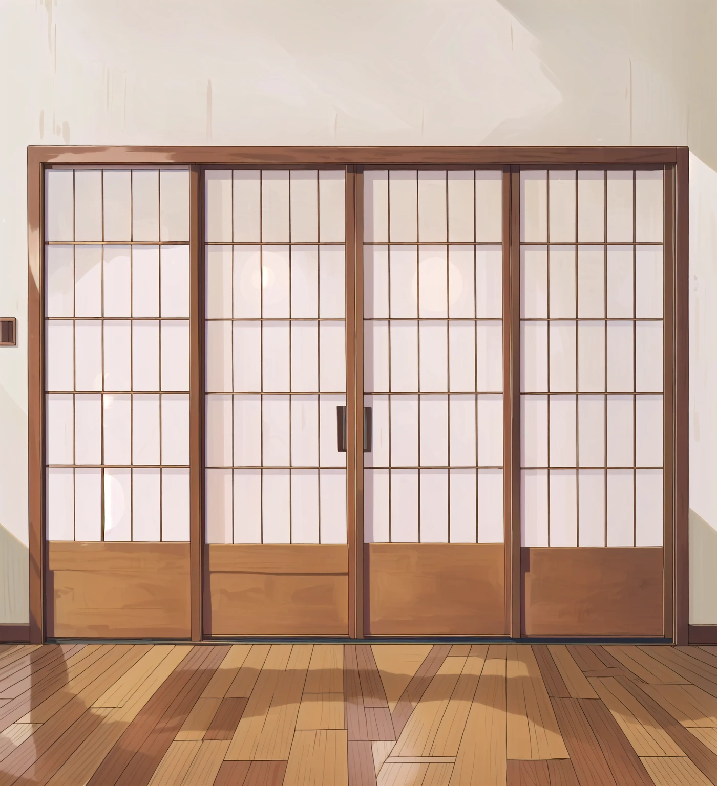 There is a room with sliding doors and wooden floors, Anime style, clear glass wall, Wooden wall, Japanese Collectibles, Traditional Japanese, with clear glass, Japanese style, edo style, Japanese design, Inspired by Ogata Korin, Doors and Windows, Large Windows, glass wall, Japanese Houses, In an apartment in Japan
