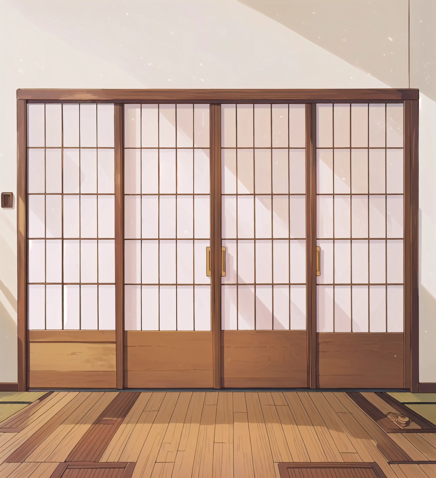 There is a room with sliding doors and wooden floors, Anime style, clear glass wall, Wooden wall, Japanese Collectibles, Traditional Japanese, with clear glass, Japanese style, edo style, Japanese design, Inspired by Ogata Korin, Doors and Windows, Large Windows, glass wall, Japanese Houses, In an apartment in Japan