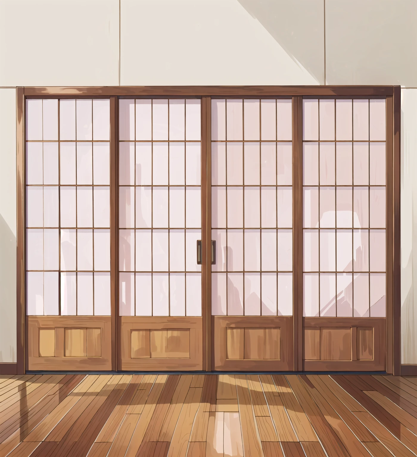 There is a room with sliding doors and wooden floors, Anime style, clear glass wall, Wooden wall, Japanese Collectibles, Traditional Japanese, with clear glass, Japanese style, edo style, Japanese design, Inspired by Ogata Korin, Doors and Windows, Large Windows, glass wall, Japanese Houses, In an apartment in Japan