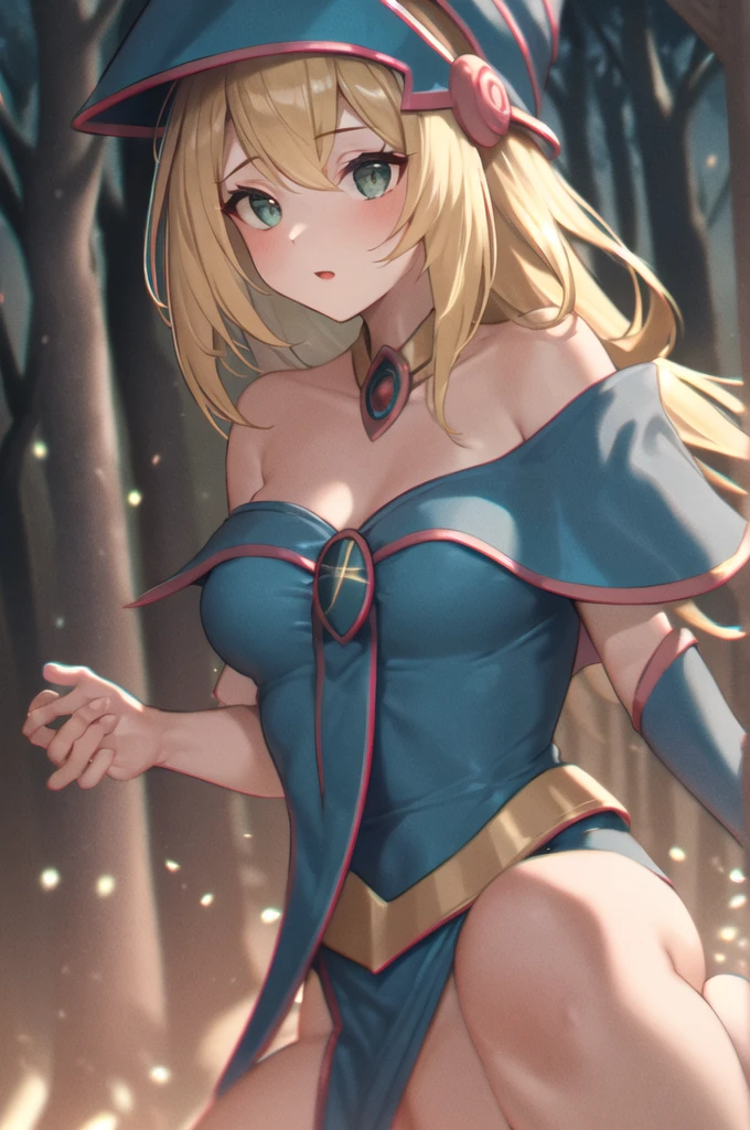 dark magician girl, mksks style, (Highly detailed background:1.0), (Highly detailed background:1.0), masterpiece, Highest quality, (One girl), alone, (forest), Long Hair, Blonde, Blue hat, magic使いの帽子, Casting a Spell, nature, wood:1.2, Motion Blur, magic, (moonlight:1.2), chromatic aberration, Depth of written boundary, Soft lighting, Highly detailed face, Highly detailed eyes