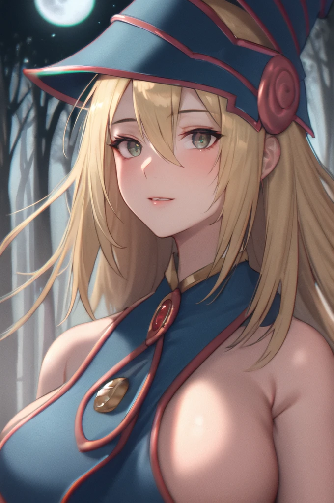 dark magician girl, mksks style, (Highly detailed background:1.0), (Highly detailed background:1.0), masterpiece, Highest quality, (One girl), alone, (forest), Long Hair, Blonde, Blue hat, magic使いの帽子, Casting a Spell, nature, wood:1.2, Motion Blur, magic, (moonlight:1.2), chromatic aberration, Depth of written boundary, Soft lighting, Highly detailed face, Highly detailed eyes