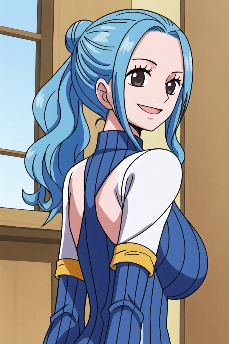 1girl, smile, close up, castel, blue hair, back focus,happy,Turtleneck,clothing aside,double vertical stripe.double bun,from side,on side, room, big breasts, grey eyes