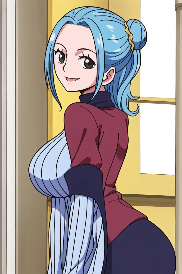 1girl, smile, close up, castel, blue hair, back focus,happy,Turtleneck,clothing aside,double vertical stripe.double bun,from side,on side, room, big breasts, grey eyes