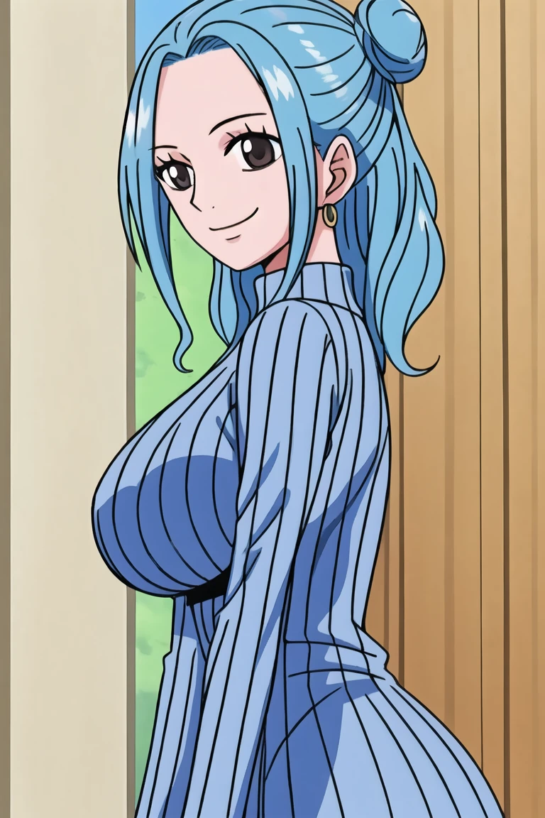 1girl, smile, close up, castel, blue hair, back focus,happy,Turtleneck,clothing aside,double vertical stripe.double bun,from side,on side, room, big breasts, grey eyes