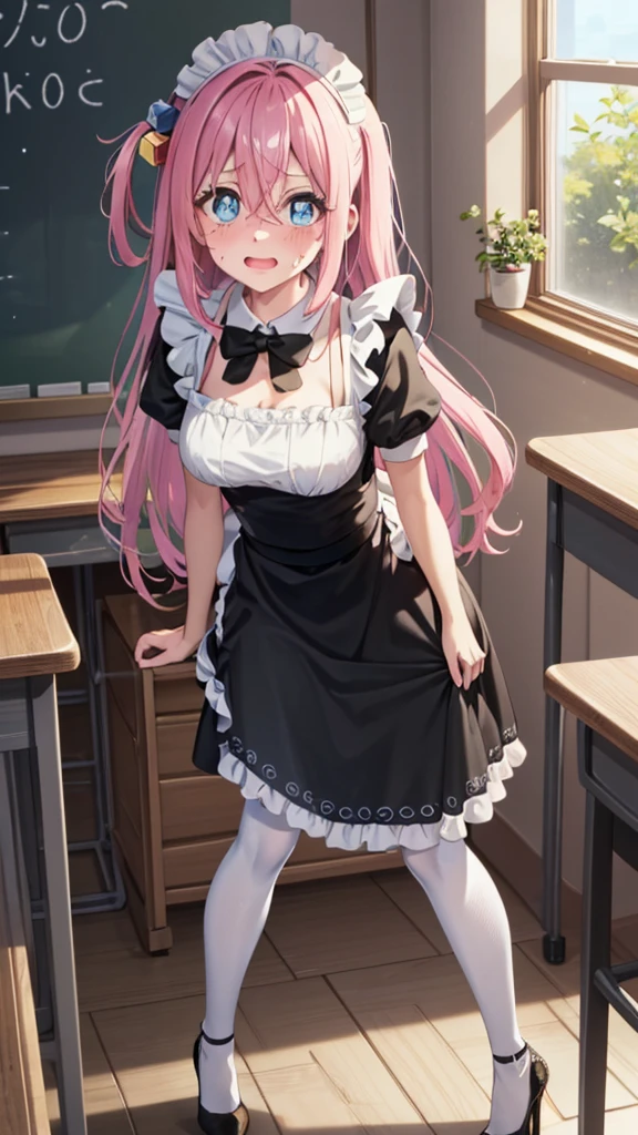 1girl in, pinafore, the bow, Cube Hair Ornament, doress, frilld, dark(expressioness), hair adornments, length hair, looking at away, Maids, maid apronl, Maid Headdress, mary janes, one side up, A pink-haired, Shaded face, shoe, short dress, solo, drops of sweat, thighs thighs thighs thighs, white thighhig, zettai ryouiki,