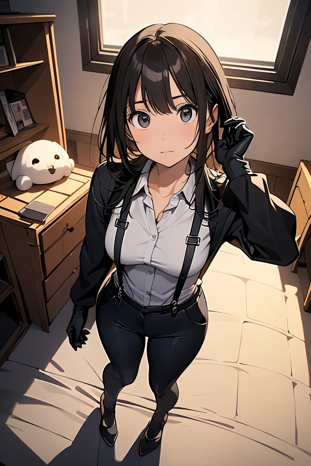 1 female, , high quality, masterpiece, Ultra-high resolution, , Cinema Lighting, , , And the suspenders with the cranes flying Moderate breasts Small face holster Lying in bed Looking up Sweat belt summer 脇Sweat Black Hole Gloves suit shirt Black jacket Black trousers Leg Links ズボンにbelt holster Hands behind your back Anxious expression Looking up Anxious face, legs apart