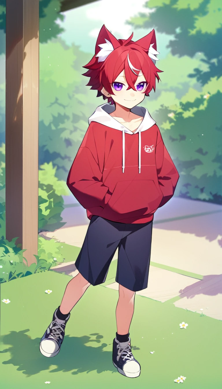 oe boy, cat ears, hoodie, cute, cool, lovely, naive, short pants, handsome, shota, purple eyes, cowboy shota, smile peacefully, stare at me, red hair