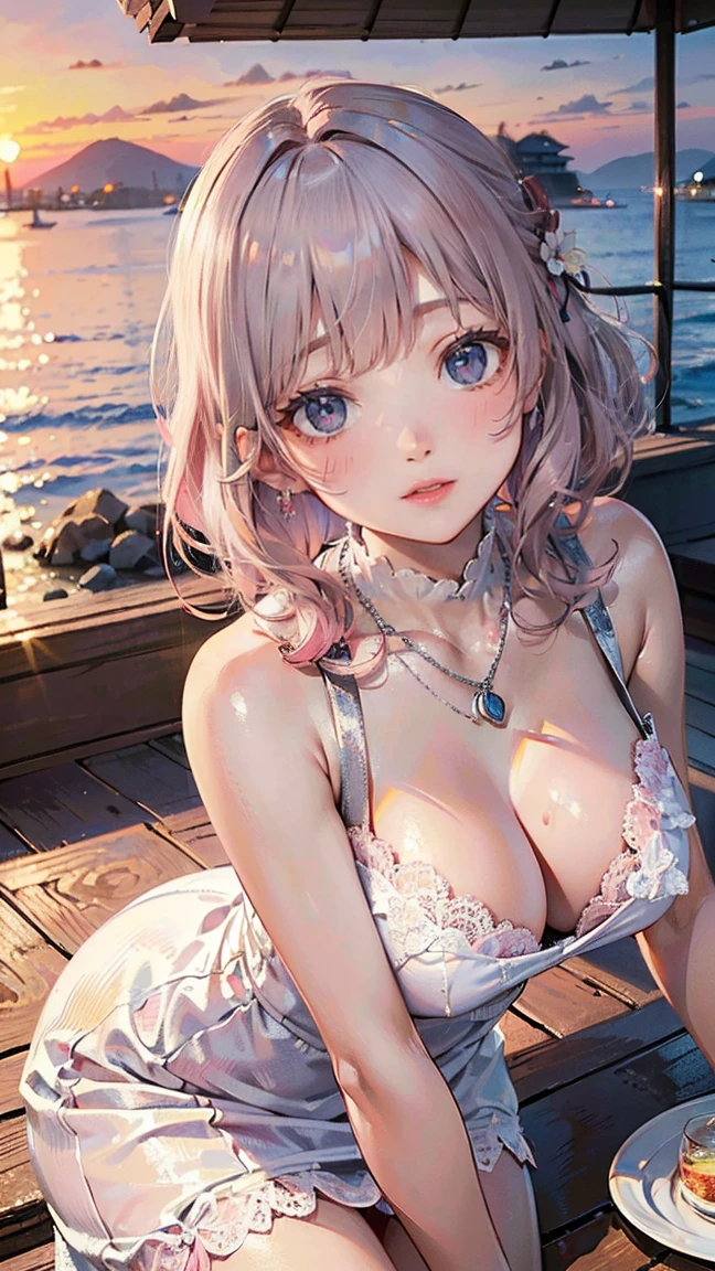 (Masterpiece, BestQuality:1.3), (ultra detailed:1.2), (hyperrealistic:1.3), (RAW photo:1.2), High detail RAW color photo, professional photograph, (Photorealistic:1.4), (realistic:1.4), (Pink Hair:1.5), professional lighting, perfect anatomy, (Big Breasts:1.2), (blush, detailed face), (A happy smile:1.7), sexly, erotic sexly, Random sexy gravure poses, (In a seaside café、A sexy Japanese beauty wearing a white lace dress smiles。The background is a sunset、Accessory: silver necklace。:1.3)