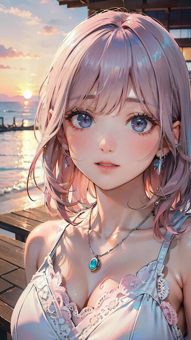 (Masterpiece, BestQuality:1.3), (ultra detailed:1.2), (hyperrealistic:1.3), (RAW photo:1.2), High detail RAW color photo, professional photograph, (Photorealistic:1.4), (realistic:1.4), (Pink Hair:1.5), professional lighting, perfect anatomy, (Big Breasts:1.2), (blush, detailed face), (A happy smile:1.7), sexly, erotic sexly, Random sexy gravure poses, (In a seaside café、A sexy Japanese beauty wearing a white lace dress smiles。The background is a sunset、Accessory: silver necklace。:1.3)