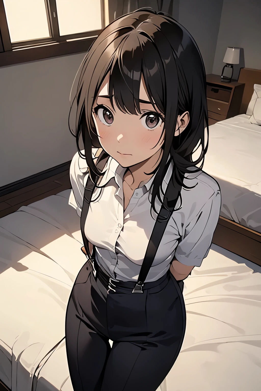 1 female, , high quality, masterpiece, Ultra-high resolution, , Cinema Lighting, , , And the suspenders with the cranes flying Moderate breasts Small face holster Lying in bed Looking up Sweat belt summer 脇Sweat Black Hole Gloves suit shirt Black jacket Black trousers Leg Links ズボンにbelt holster Hands behind your back Anxious expression Looking up Anxious face, legs apart