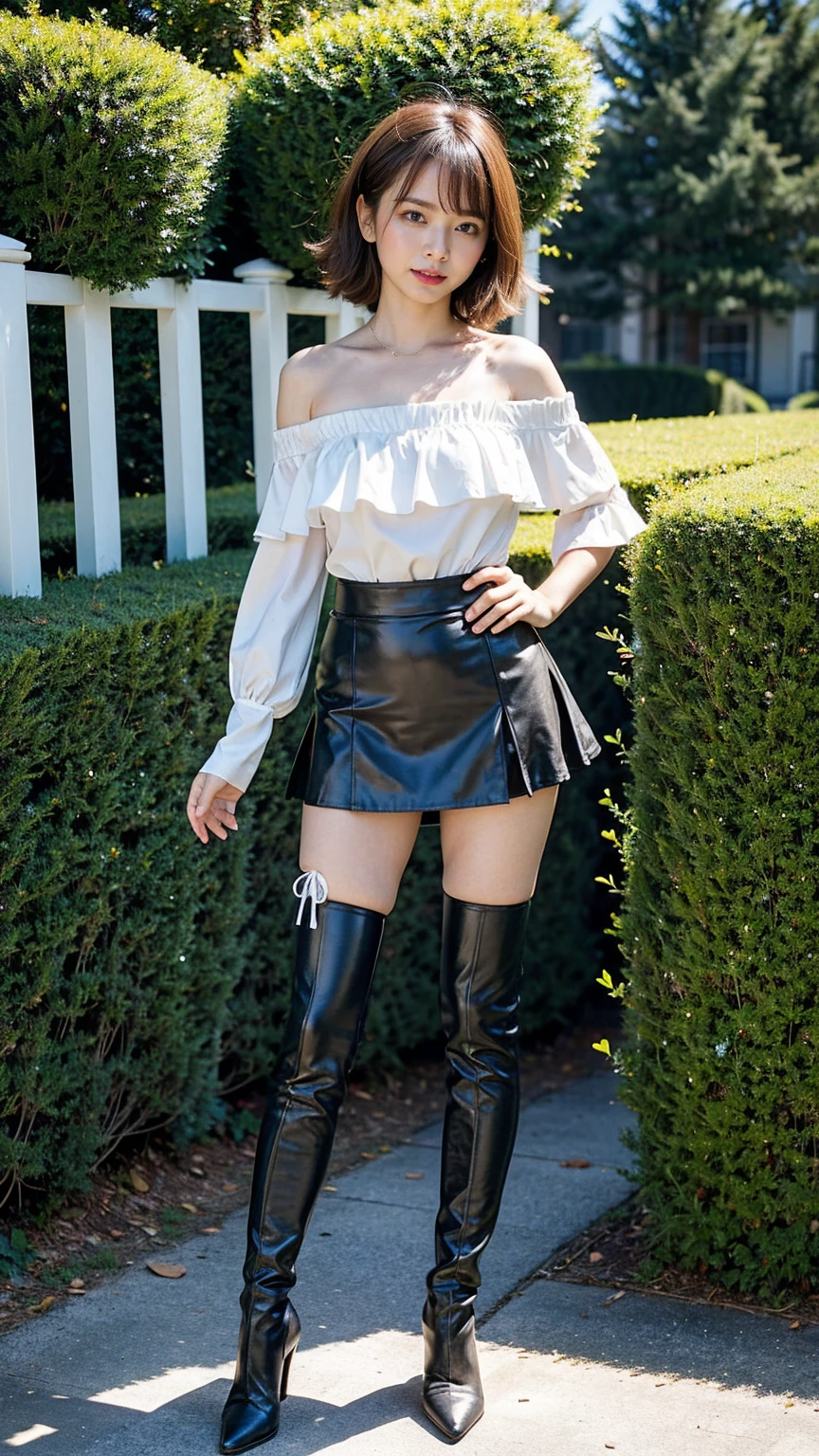 (8K、RAW Photos、Highest quality、masterpiece:1.2)、(Highest quality、Realistic)、1 Girl、((ribbon、Tube top、Off the shoulder、Medium Hair、Big Breasts、Breast enlargement、smile、Pink and black、mini skirt、Thin legs、whole body、boots、garden、View from the front、Looking into the camera、Idol Costume、Stand with hands on hips))、cute