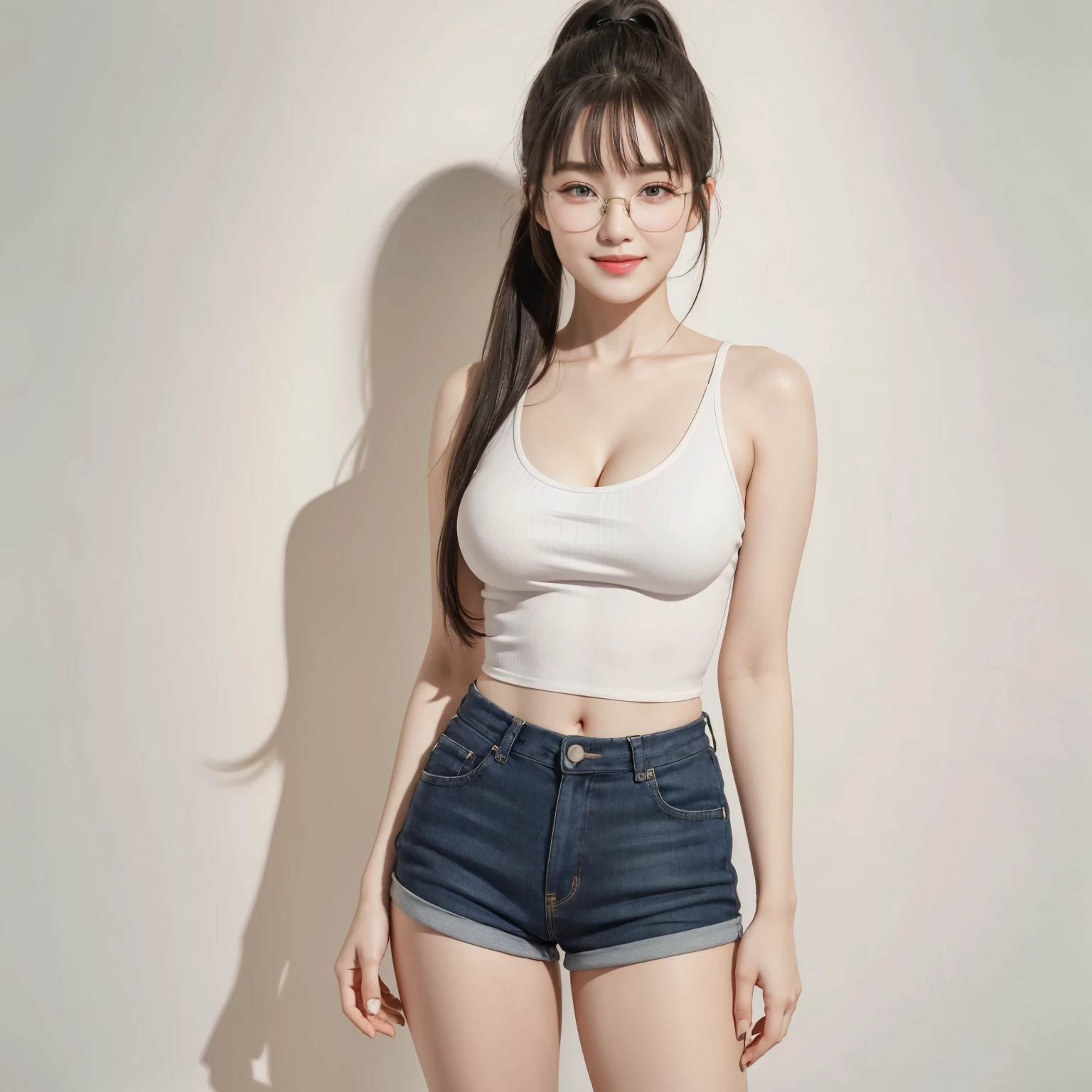 (Best quality, masterpiece, detailed), (RAW, 4k, hd images), 1 girl, 17 years old, white skin, long hair, ponytail, layers hair, bangs, black hair, beautiful girl, cute girl, sweet girl, pretty girl, perfect girl, perfect body, pretty eyes, blue eyes, thin lips, (eye line, lip soft), perfect round breast, glasses, wayfare, simple background, smile, thigh, legs, tanktop, short pants, full body, cleavage, standing on the middle facing camera