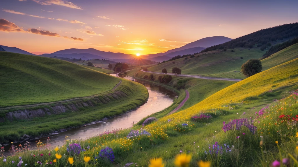 "Generate a stunning sunset landscape with rolling hills, a serene river, and vibrant wildflowers in the foreground."