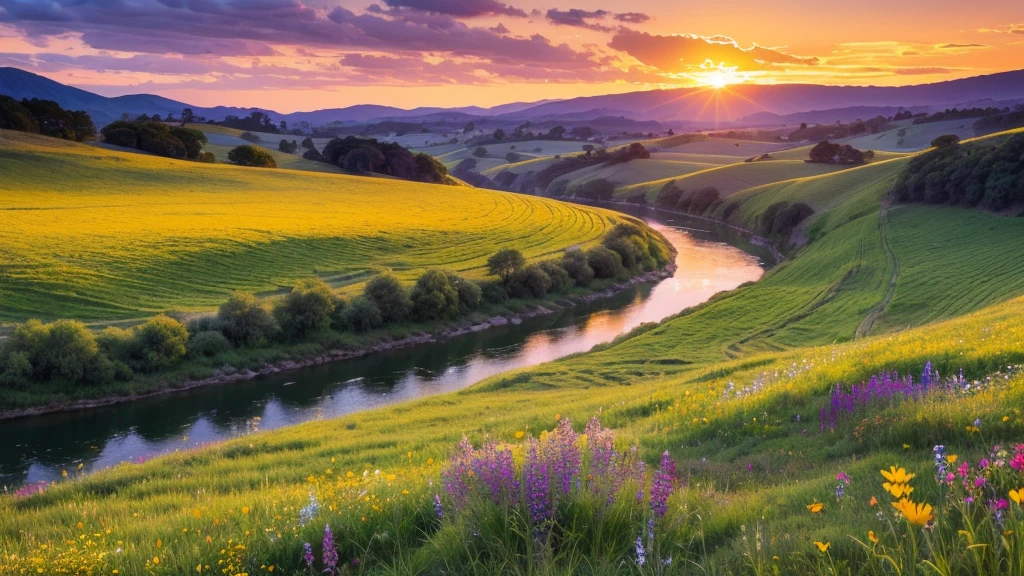 "Generate a stunning sunset landscape with rolling hills, a serene river, and vibrant wildflowers in the foreground."