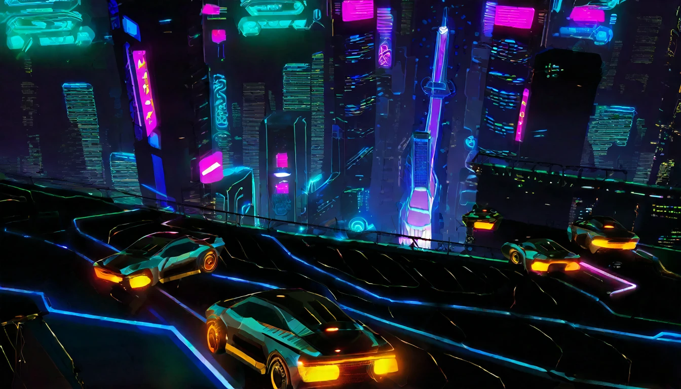 “Futuristic megacity skyline at night, with neon lights, flying cars, and towering skyscrapers. Cyberpunk style.”