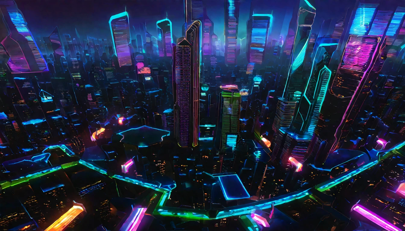 “Futuristic megacity skyline at night, with neon lights, flying cars, and towering skyscrapers. Cyberpunk style.”
