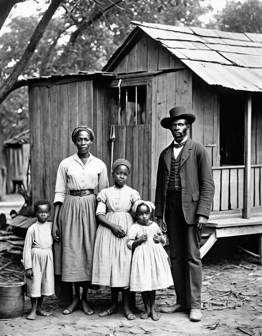 Black and white photography、A black slave family during the American Civil War、parents、and three young children、shack