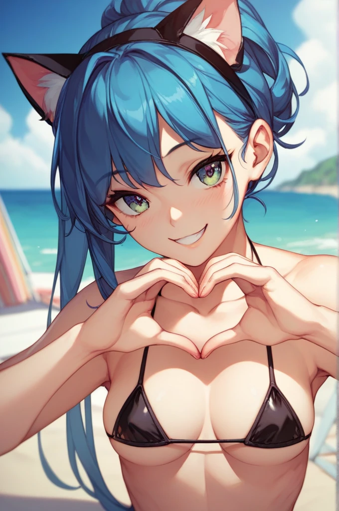 Masterpiece, best quality, nsfw ,1 girl,heart hands,beach,Blue hair,cat ear, 
Black Micro bikini, cute pose,smile,game cg