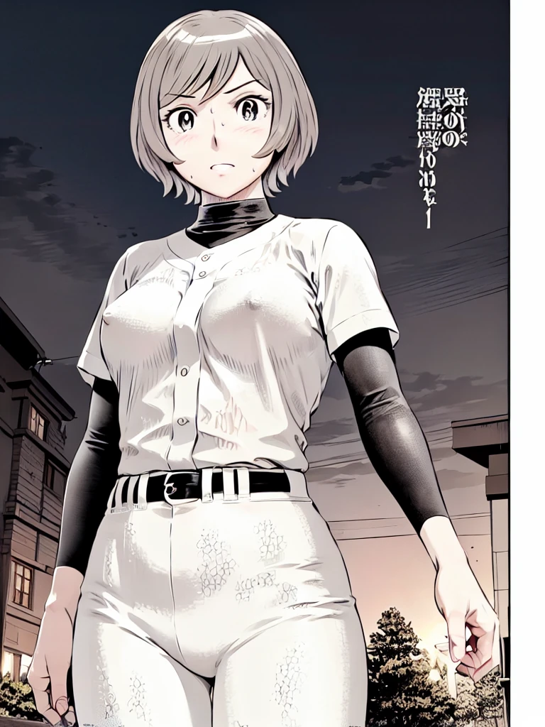 (野球uniform:1.2),
blonde, (short hair:1.2),Long sleeve, Black Shirt, turtleneck,White trousers、uniform、Black belt、((Illustration of people))、big 、Covered in mud、Soil stains、ドロドロのuniform、
View your viewers,, (Highest quality:1.3),One Girl, White pants、uniform、Outdoor、baseball ground、ground、soil、blue eyes、Tight black shirt、(masterpiece、Highest quality)、Highest quality, Ultra-high resolution, (((masterpiece))), alone, Sweat、big eyes、big Breasts、Torn clothes、 Fully exposed、Nipples、One Girl, Front view、Embarrassed face、Bronze colored hair、((short hair))、Stand up straight、Cowboy Shot
