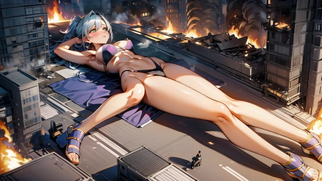 Giantess with firm , long sexy legs, yellow hair and in bikini is lying on the ground, while the city at her feet burns in flames for the destruction she has caused, while people run away from her, so as not to die crushed by her heels. Giantess, goddess, macrophilia, curvaceous body, hentai, fetish, sexy legs, bikini, high heels, high quality