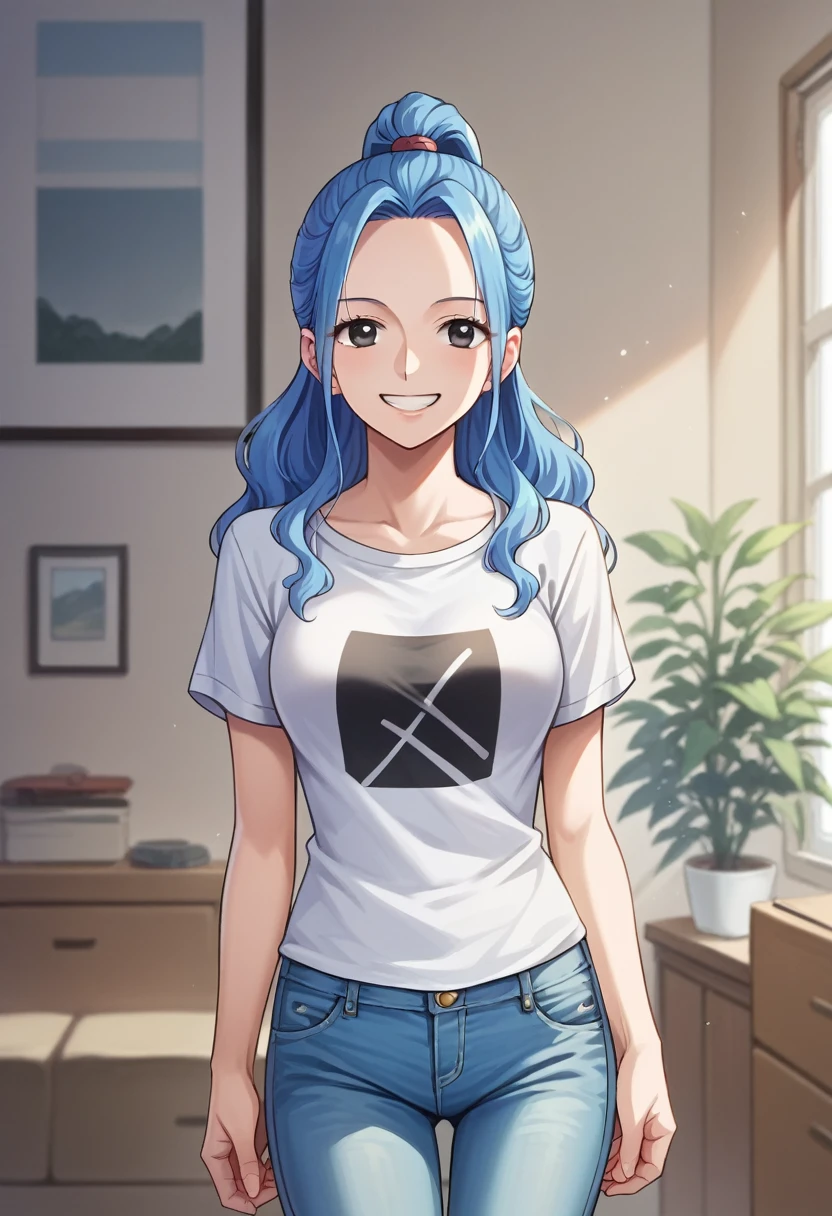 score_9, score_8_up, score_7_up, score_6_up, score_5_up, score_4_up, BREAK source_anime,smile, vivi, blue hair, long hair, side locks, ponytail, wavy hair, forehead, black eyes,white t-shirt,short sleeves,jeans,denim, room, indoors, 1girl, grey eyes,