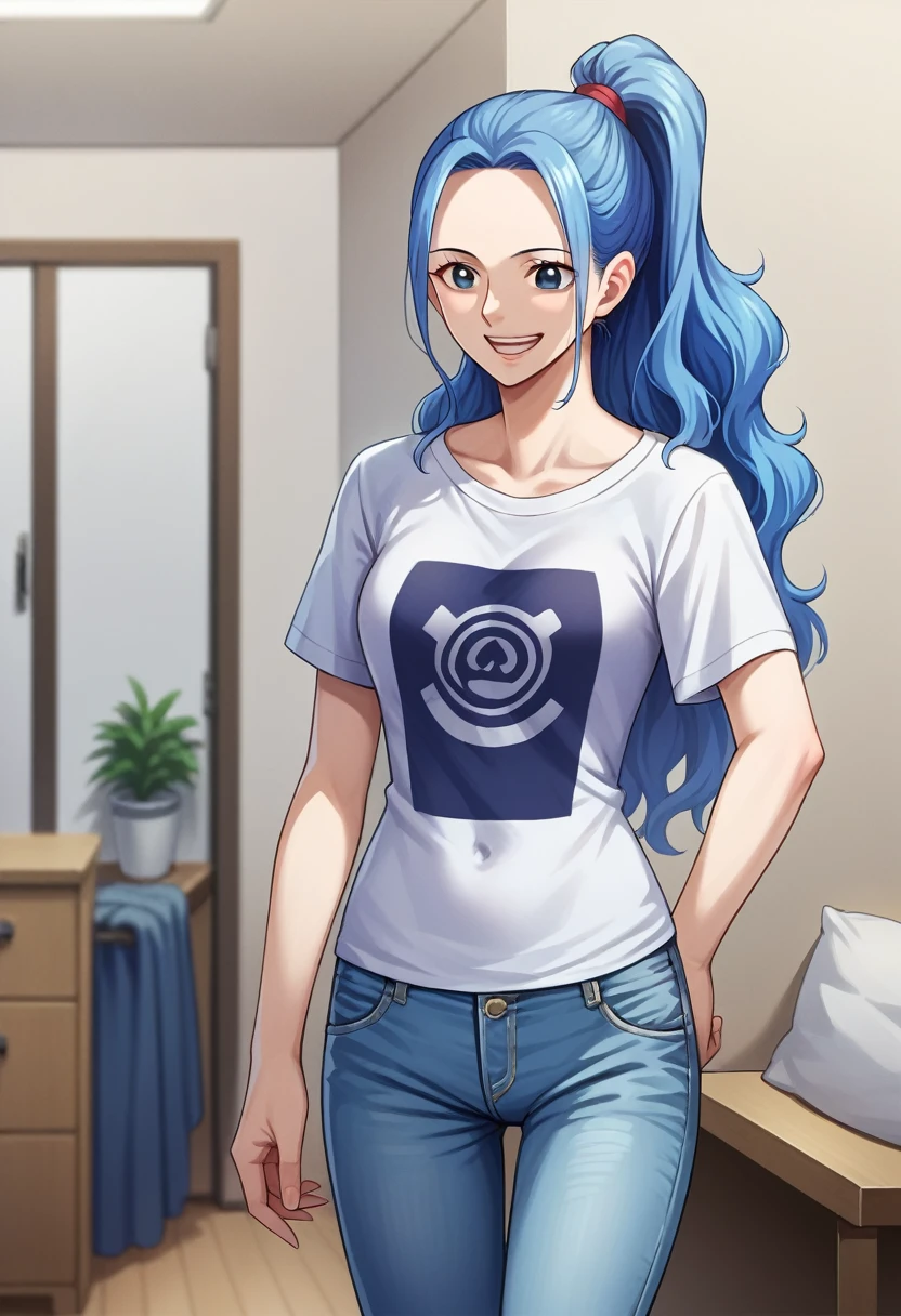 score_9, score_8_up, score_7_up, score_6_up, score_5_up, score_4_up, BREAK source_anime,smile, vivi, blue hair, long hair, side locks, ponytail, wavy hair, forehead, black eyes,white t-shirt,short sleeves,jeans,denim, room, indoors, 1girl, grey eyes,