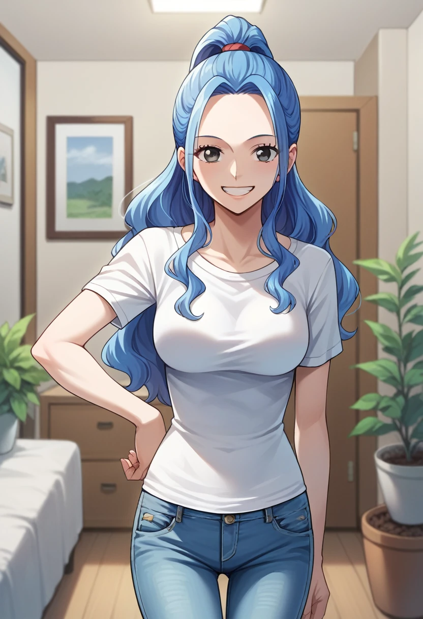 score_9, score_8_up, score_7_up, score_6_up, score_5_up, score_4_up, BREAK source_anime,smile, vivi, blue hair, long hair, side locks, ponytail, wavy hair, forehead, black eyes,white t-shirt,short sleeves,jeans,denim, room, indoors, 1girl, grey eyes,