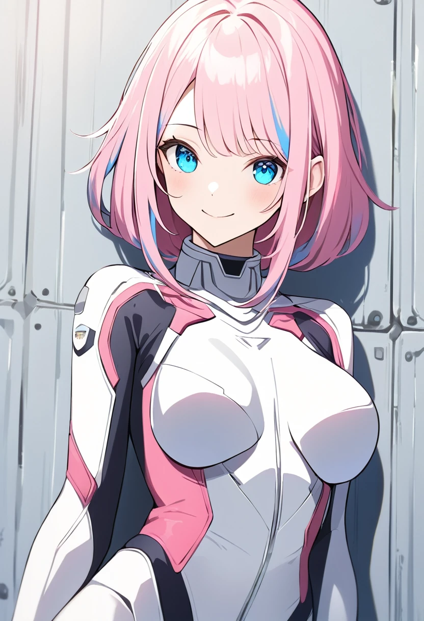 (masterpiece, top quality, very aesthetic, 4k、illustration), intricate detail, 1girl,Standing in front of a wall、(upper body)、happy smile、(multicolored hair)、animated painting
Cute 、pink hair、,middle hair,sidelock ,,blue eyes、pilot suit、Tight Suit、middle breasts,Slim 、