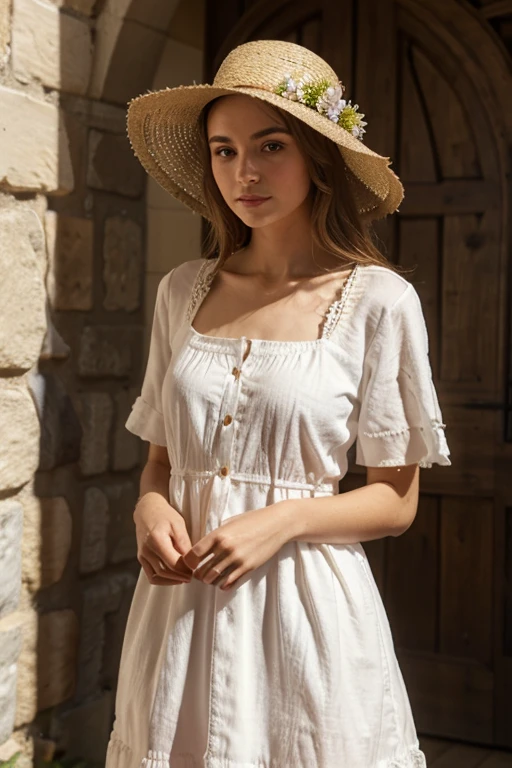 Fille dans 1 champs portant une belle robe avec des fleur sur la robe et porte un chapeau de paille 