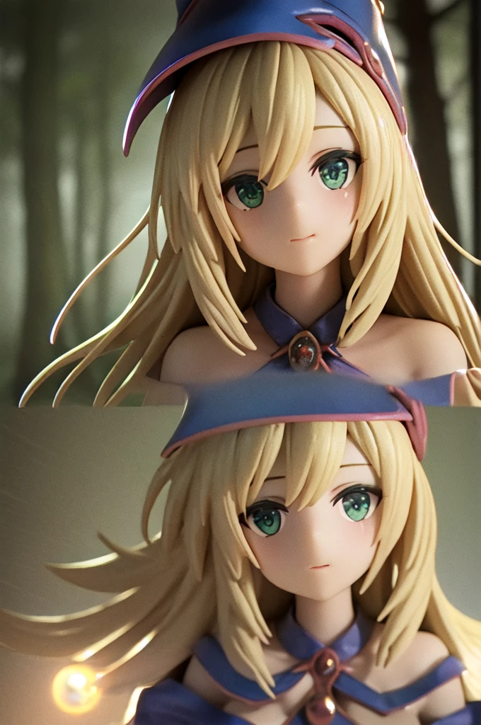 dark magician girl, mksks style, (Highly detailed background:1.0), (Highly detailed background:1.0), masterpiece, Highest quality, (One girl), alone, (forest), Long Hair, Blonde, Blue hat, magic使いの帽子, Casting a Spell, nature, wood:1.2, Motion Blur, magic, (moonlight:1.2), chromatic aberration, Depth of written boundary, Soft lighting, Highly detailed face, Highly detailed eyes