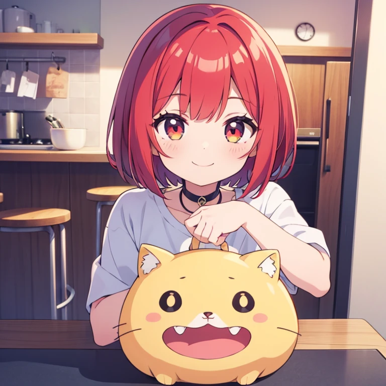 1girl, red hair, bob cut,ねこみみ , smile, chibi