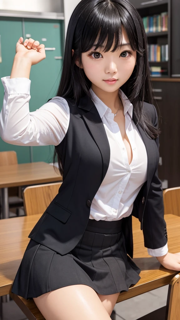 Tabletop、highlight、Asian woman、Black Hair、Heavy bangs、breast enhancement、high school girl、blazer、skirt、Gazing Eyes、Support your chest with your arms、