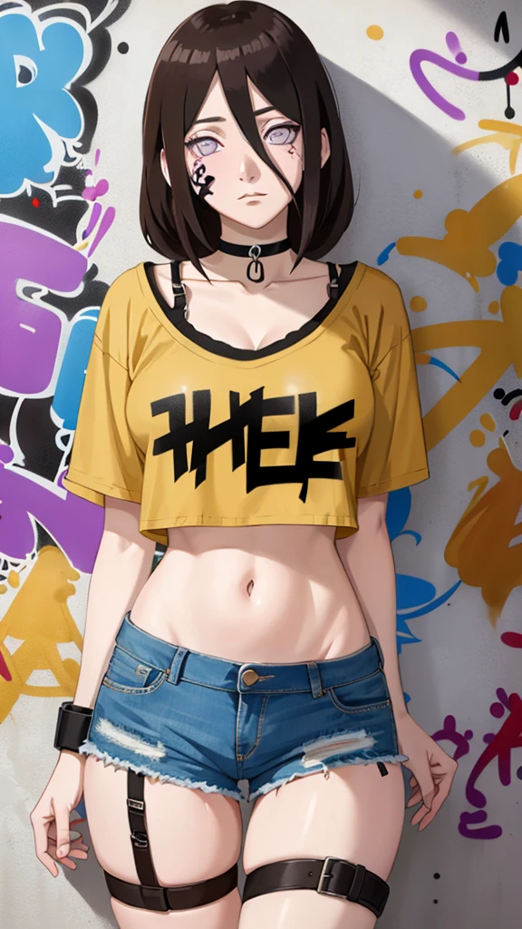 masterpiece, best quality, 1girl, solo, crop top, denim shorts, choker, (graffiti:1.5), arms behind back, against wall, looking at viewer, armband, thigh strap, head tilt, bored, Brown hair, purple eyes, headset, Hanabi Hyuga.