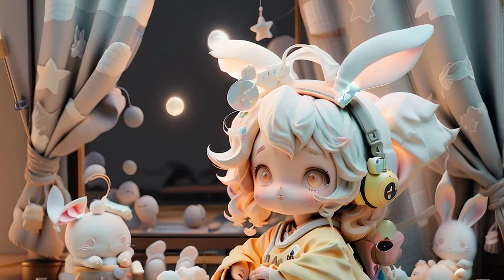Bunny Girl,Japanese cartoons,earphone,study,Room,Large Windows,Star,moon,Warm and soft tones,