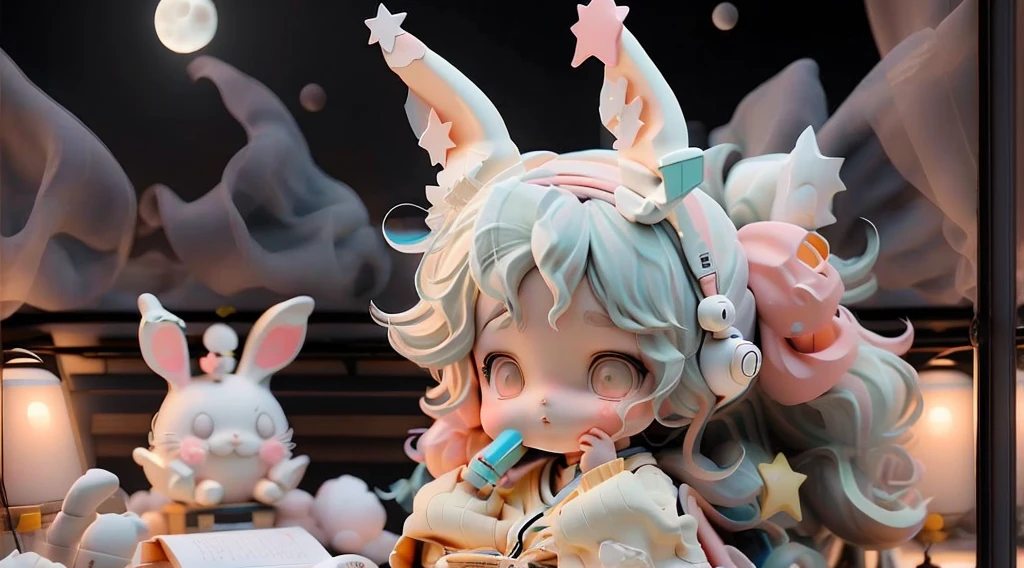 Bunny Girl,Japanese cartoons,earphone,study,Room,Large Windows,Star,moon,Warm and soft tones,