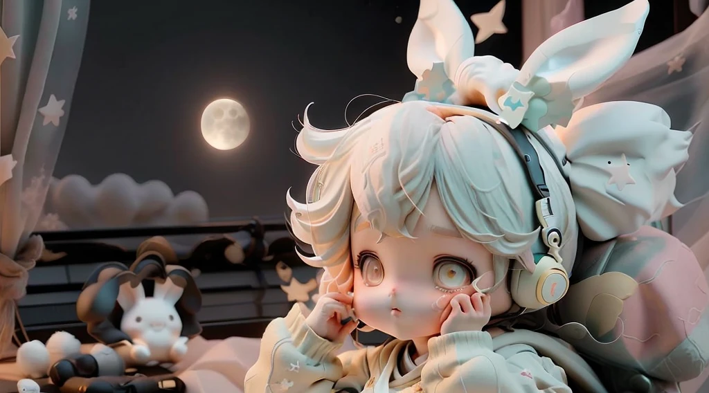 Bunny Girl,Japanese cartoons,earphone,study,Room,Large Windows,Star,moon,Warm and soft tones,