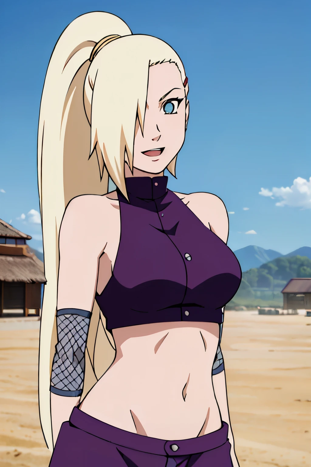 (posing for viewer), Ino yamanaka, looking at the viewer, attractive, groin, cowboy shot, ultra detailed face, sunny day, day time, upper body view, anime style, solo, detailed home, blonde, (focus on face), ((one eye covered with hair, hair over eye)), medium breasts, belly button, looking at the viewer, thick arms, (off-shoulders, wide shoulders, curving body), hidden eye, smile, open mouth, very happy, tall, hair clip, sharp look, sharp face, sharp eye, cold colors,
