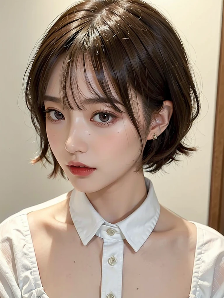 highest quality、masterpiece、ultra high resolution、8K、(real:1.4)、Beautiful woman1、Beautiful details of eyes and skin、light brown short cut hair、Among modern skyscrapers、Asahi、Multicolored dress shirt、